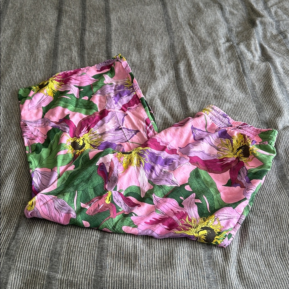 Express Wide Leg Pants - Pink Floral with Green Leaves and Yellow Accents